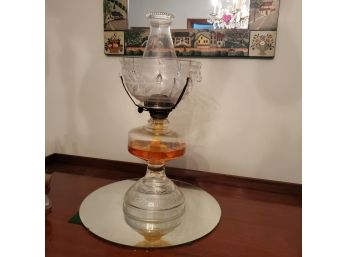 Lovely Oil Lamp With Upper Etched Glass Shade - Decorated Base And Mirror Undertray
