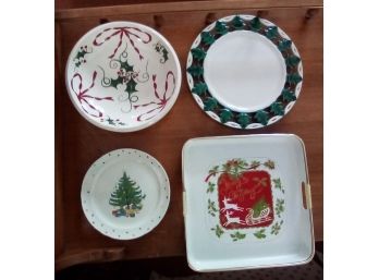 Four Piece Christmas Lot With Serving Dishes & Tray - Mostly Hand Painted Or Embellished