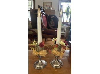 Pair Of Sterling Silver Cement Filled Reinforced With Rod Candle Stick Holders.