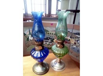 Two Petite Vintage Oil Lamps In Green & Blue With Brass Hardware