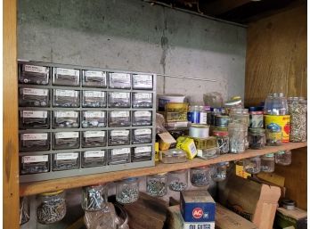 HUGE Assortment Of Hardware - A 25- Drawer Storage Unit, Nails, Bolts, Screws, Washers
