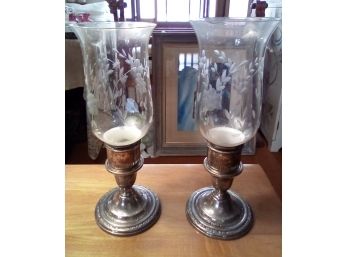 2 Sterling Silver Candle Holders With Etched Glass Covers - 'Courtship' International Sterling