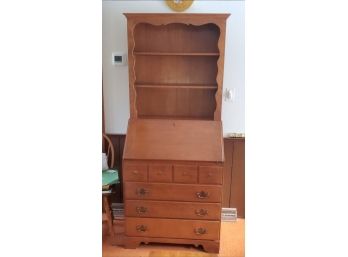 Ethan Allen Solid Maple Secretary Desk- 3 Shelf Top Section, 4 Drawers, Inside-5 Cubby Holes & 2 Small Drawers