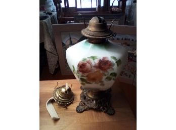 Vintage Hand Painted Ceramic Oil Lamp On Decorative Brass Base From The CC & SB Co.,  Pat Nov. 8, 1910