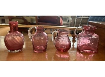 Vintage Cranberry Glasses Pitchers Bud Vases With Clear Handles.