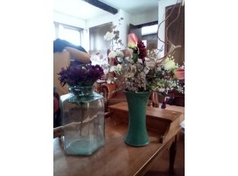 Two Large Vases - A Blue Tinted 6-sided Glass & 1 Tall Heavy Ceramic Blue Vase - Both With Imitation Flowers