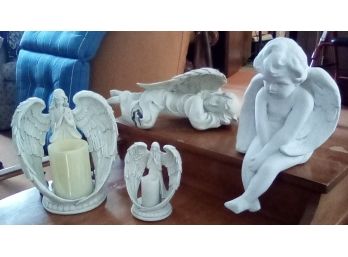 Collection Of 4 Angels - 2 Battery Operated With Flameless Candles, 1 Reclining,  1 Concrete
