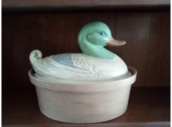 Decorative Ceramic 2 Piece Vessel - Hand Painted Duck Lid Over Storage Base