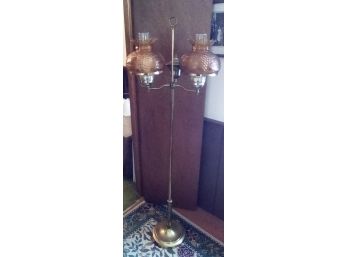 Vintage Brass Floor Lamp With 2 Amber Colored Ruffle Top Lamp Covers Over Glass Chimneys