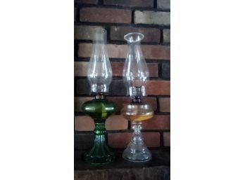 Two Vintage Oil Lamps - 1 Green From Star H B & H & 1 Clear Unmarked Manufacturer