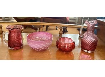 Vintage Cranberry Pink Glasses Pitchers, Bud Vases, Bowl.