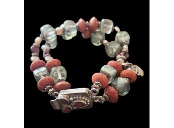 Vintage Sterling Silver 2 Strand Coral, Mother Of Pearl And Ruby Color Beaded Bracelet