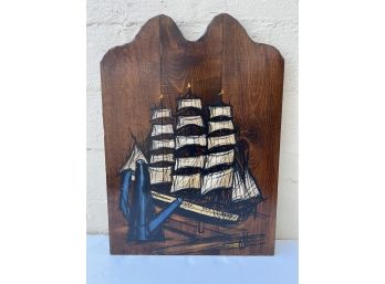 Vintage 21' X 30' Stained Wood Wooden Wall Hanging Plaque W/Painted Sailing Ship