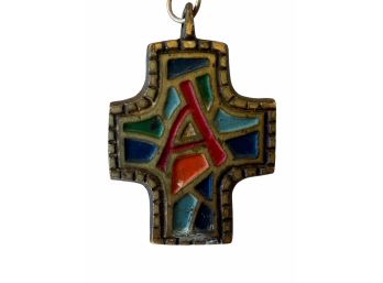 Stained Glass Enamel Cross Pendant Vintage 1971