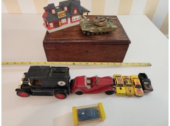 Wood Box With Vintage Die Cast Etc Cars, Tank