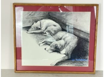 Drawing Of Sleeping Dogs In Frame - Artist Signed