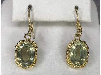 Lovely Sterling Silver / 925 Earrings With 14KT Gold Overlay With Beautiful Pale Green Topaz - Very Nice