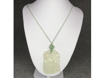 Very Nice Vintage Hand Carved Jade Pendant On Light Green Silk Cord - Simple Carvings - Not Overlay Ornate