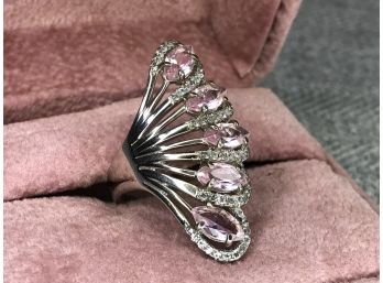 Very Pretty 925 / Sterling Silver With Sparkling  White Topaz With Pink Tourmaline Peacock Ring - Very Pretty