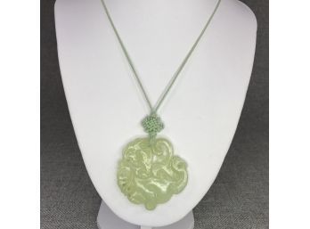 Lovely Vintage Hand Carved Jade Pendant On Pale Green Silk Cord - Very Pretty - Looks Like Bird - Nice !