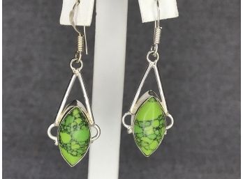 Sensational Brand New 925 / Sterling Silver Drop Earrings With Polished Green Mohave Turquoise - Stunning !