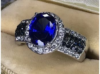 Very Pretty 925 / Sterling Silver Ring With Sapphire And Channel Set Sapphires And Sparkling White Zircons