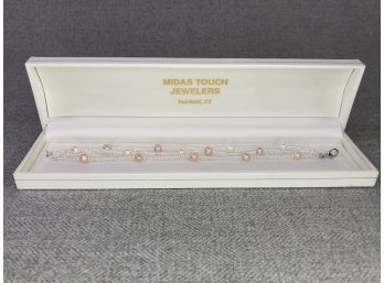 Lovely Brand New Genuine Cultured Pearl Bracelet With Glass Micro Beads - Very Cute Piece - With Sterling