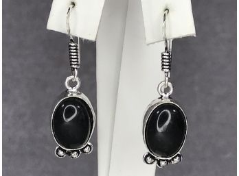 Wonderful Brand New - Sterling Silver / 925 Drop Earrings With Highly Polished Black Onyx - Very Nice