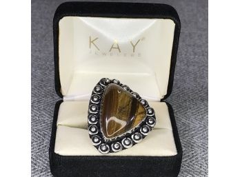 Fantastic Large Sterling Silver / 925 Cocktail Ring With Highly Polished Tiger Eye - Very Nice Piece !