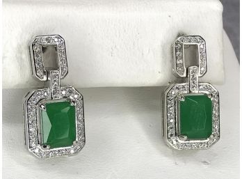 Fabulous 925 / Sterling Silver With Colombian Emeralds And Sparkling White Zircons - Very Pretty Pair