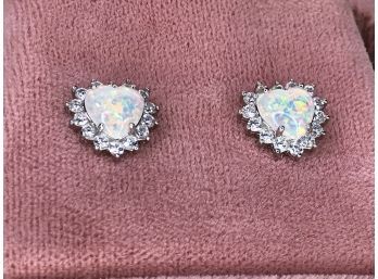 Very Pretty / Brand New STERLING SILVER / 925 Earrings With Heart Shaped Opal And Sparkling White Zircons