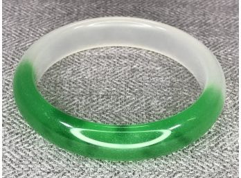 Very Nice Jade Bangle Bracelet - Unusual Two Tone Color - White And Celery Green - Very Pretty Piece !