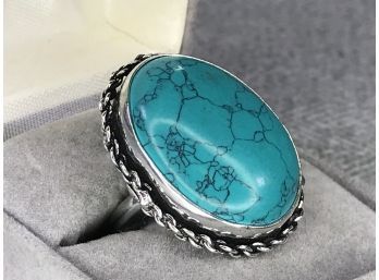 Fabulous 925 / Sterling Silver With Turquoise Cocktail Ring - Large Ring - Highly Polished Stone - Very Pretty