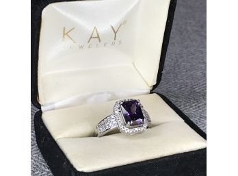 Fantastic Brand New 925 / Sterling Silver Ring With Emerald Cut Amethyst And Sparkling White Zircons - WOW !