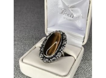Fabulous Large Sterling Silver / 925 Cocktail Ring With Highly Polished Tiger Eye - Delicate Silver Work