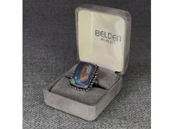 Lovely 925 / Sterling Silver Ring With Rainbow Calsilica - Amazing Colors - Lovely Silver Rope Border