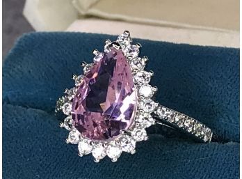 Lovely Sterling Silver / 925 Ring With Teardrop Pink Tourmaline And Sparkling White Zircons - Very Pretty !