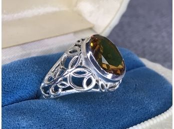 Lovely Sterling Silver / 925 Ring With Faceted Orange Topaz Ring - Lovely Silver Details - Very Pretty