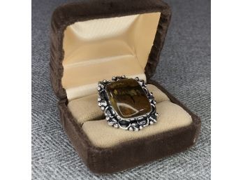 Very Pretty Sterling Silver / 925 Cocktail Ring With Highly Polished Tiger Eye - Nice Silver Details - Lovely