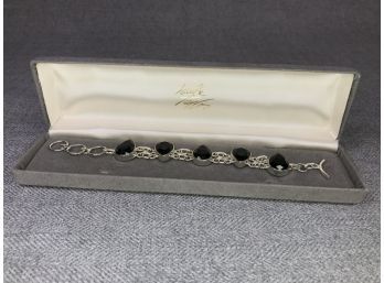 Beautiful Sterling Silver / 925 And Black Onyx Toggle Bracelet - Teardrop Shaped Stones - Brand New Unworn