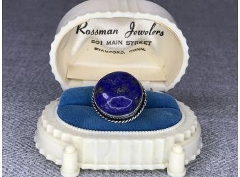 Lovely 925 / Sterling Silver Cocktail Ring With Large Polished Lapis Lazuli - Very Pretty Ring - NICE RING !