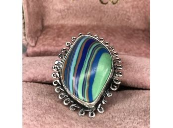 Very Unusual Sterling & Rainbow Calsilica Cocktail Ring - Amazing Colors - Very Unusual Colors - Nice !