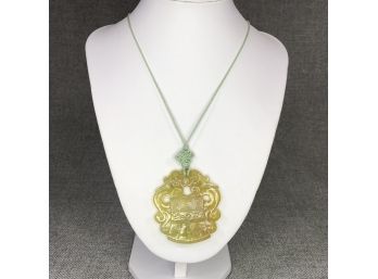 Wonderful Vintage Hand Carved Jade Pendant On Pale Green Silk Cord - Nice Details - All Hand Carved - Nice !