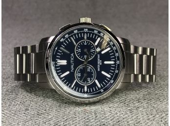 Brand New Mens $295 NAUTICA Chronograph Style Watch - All Stainless Steel With Navy Blue Dial - NICE !