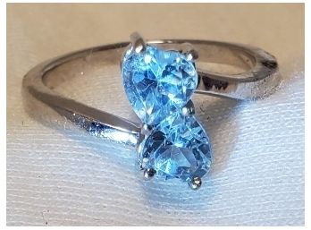 Sterling Silver Size 5.5 Incredible Tested Lt. Blue Topaz Double Heart Ring ~ 2.35 Grams