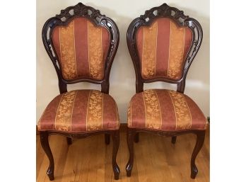 Vintage PR. Mahogany Carved Crown Striped Chairs.