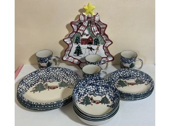 Tien Shan, Folk Craft, Spongeware, Cabin In The Snow China Set