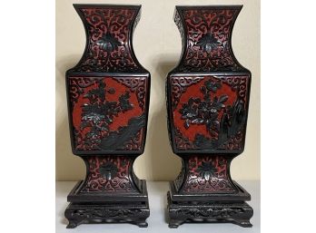 Antique PR. Handmade Carved Black Red Lacquer Cinnabar Floral Vase Urns, Rosewood Bases.