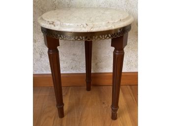 Vintage Marble, Granite, Burnished Brass Apron Round Accent Table.