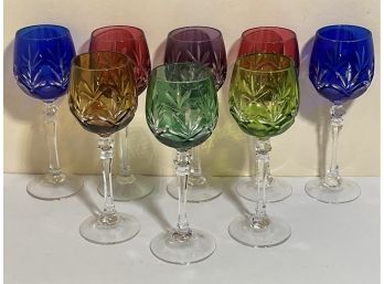 Stunning Bohemian Cut, Assorted Colors, Crystal Stemmed Glasses Set Of 8
